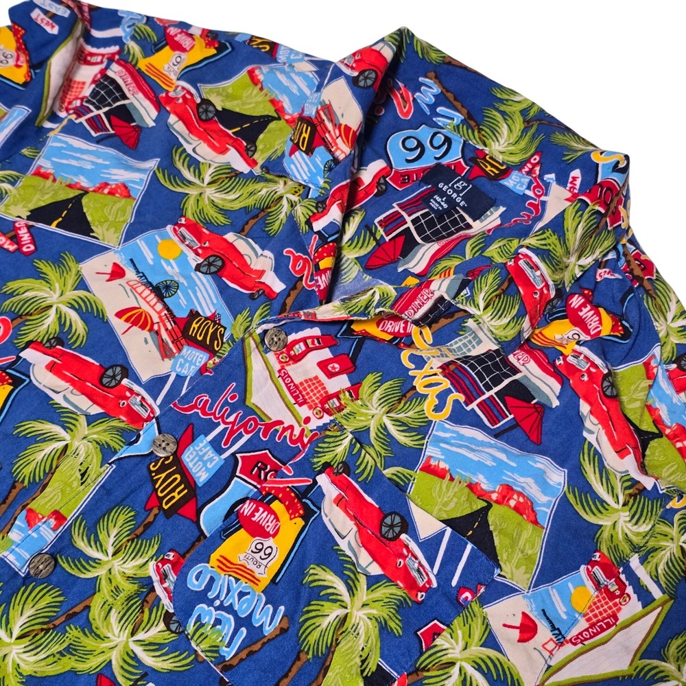 George Mens Route 66 Novelty Print Shirt‎ Blue Large Chevy Classic Car Vacation